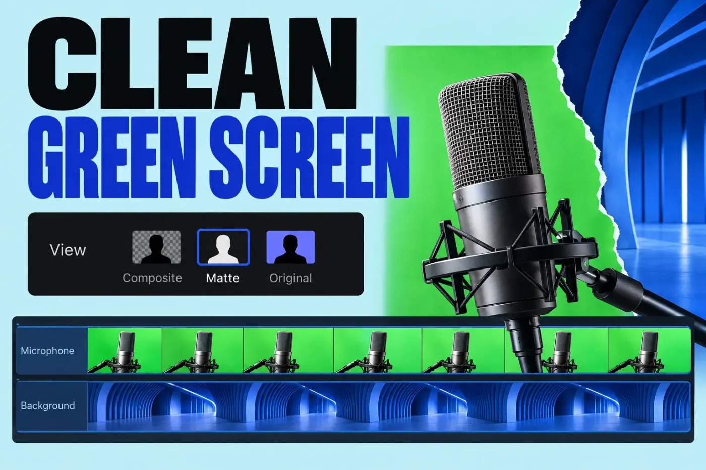 Green-screen foreground separated from a background with a matte-control cue and connected timeline layers.