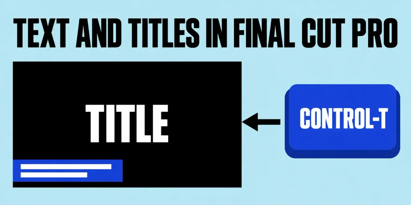 A black video frame with the word Title and a cobalt lower-third bar, next to a Control-T key, under the headline Text and Titles in Final Cut Pro.