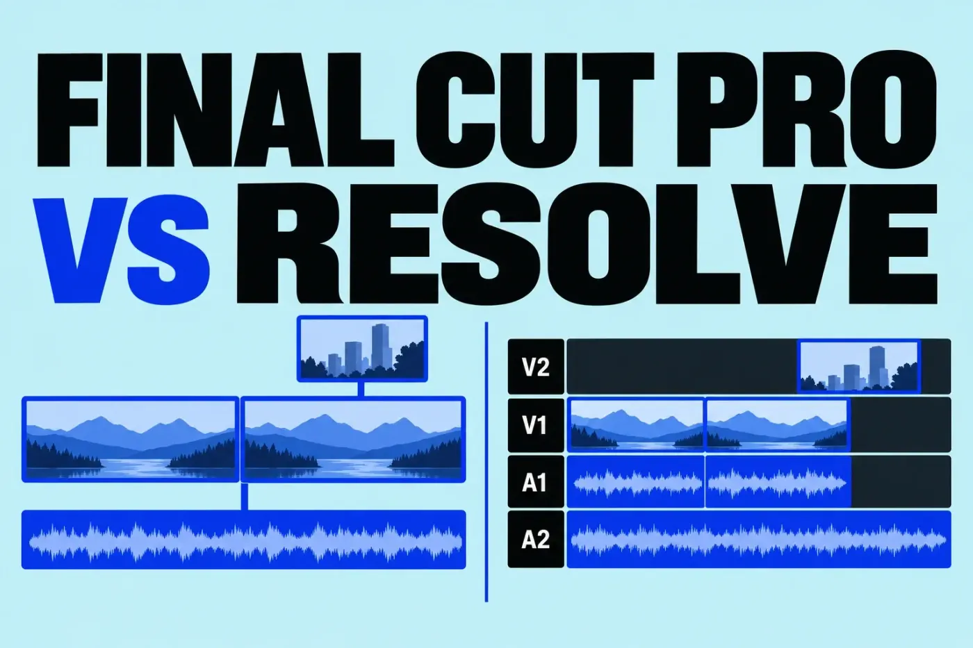 Final Cut Pro connected storyline beside a Resolve timeline with separate video and audio tracks.