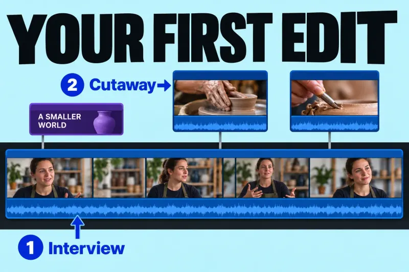 Interview primary storyline with two connected cutaways and a short opening title.