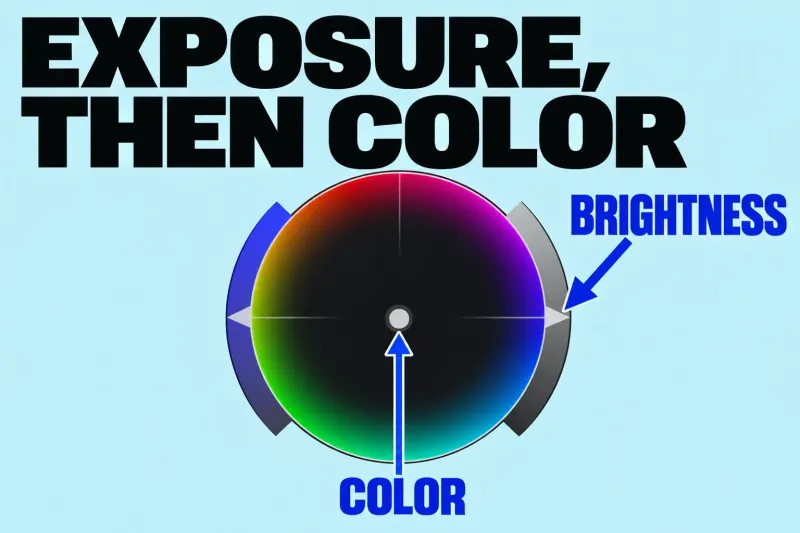 Color Wheels brightness arc on the right and color-balance puck at the center.