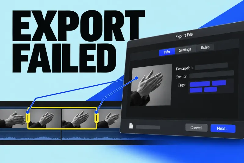 Export File window and a selected timeline range under the headline Export Failed.
