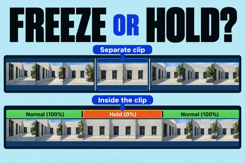 Separate freeze-frame timeline clip compared with a Hold segment inside one original clip.