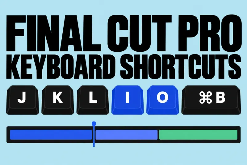 Keycaps J, K, L, I, O and Command-B under the headline Final Cut Pro Keyboard Shortcuts.
