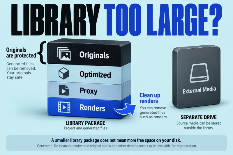 Library storage categories with protected originals, generated renders and a separate external-media drive.
