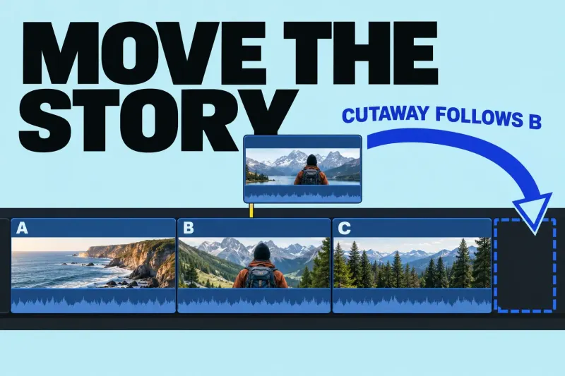 A cutaway connects to primary clip B while an arrow indicates moving B after C.