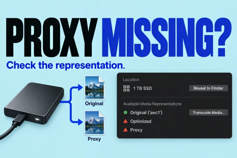 Original, Optimized and Proxy availability rows with a warning on Proxy and separate source-file paths.