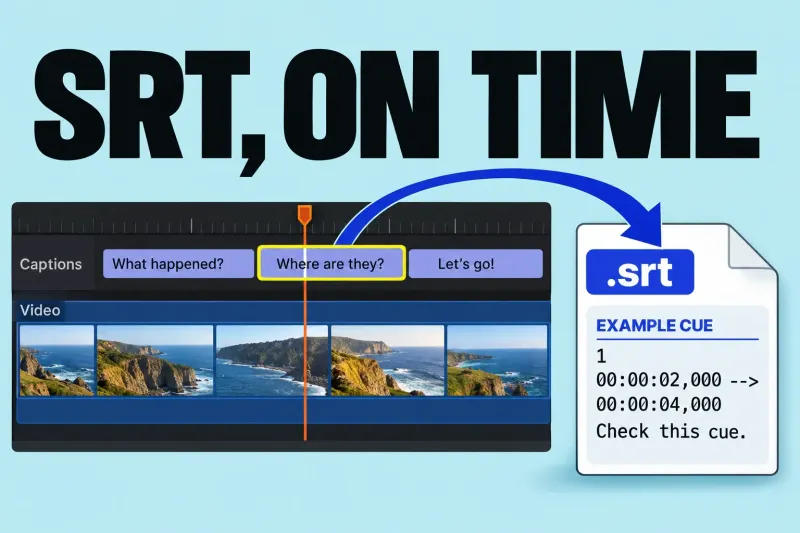 Caption cue above video points to a separate SRT document with a two-to-four-second example cue.