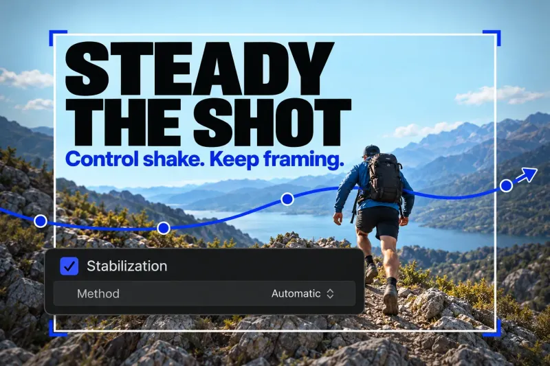 Stabilization controls beside a tighter image frame showing the crop tradeoff.