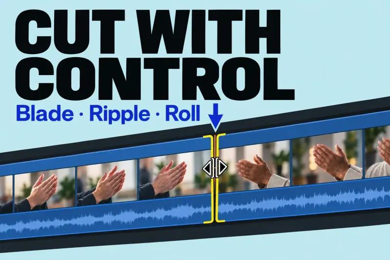 Selected shared cut between two timeline clips, with both trim edges highlighted.