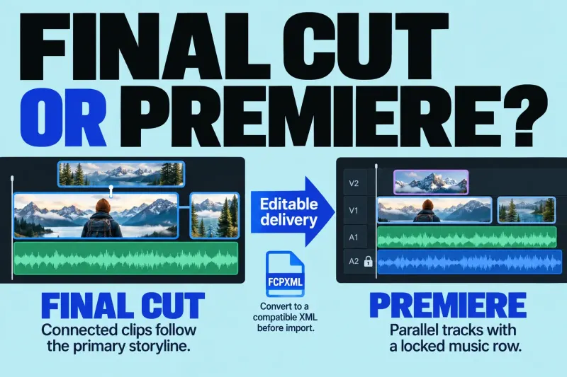 Final Cut connected editing beside Premiere tracks and an editable-project handoff.