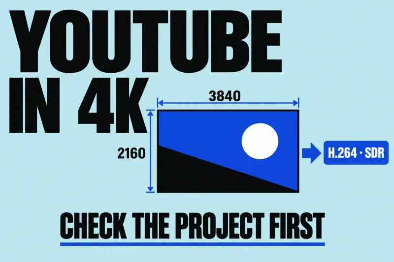 A 3840 × 2160 project frame points toward an H.264 SDR delivery file.