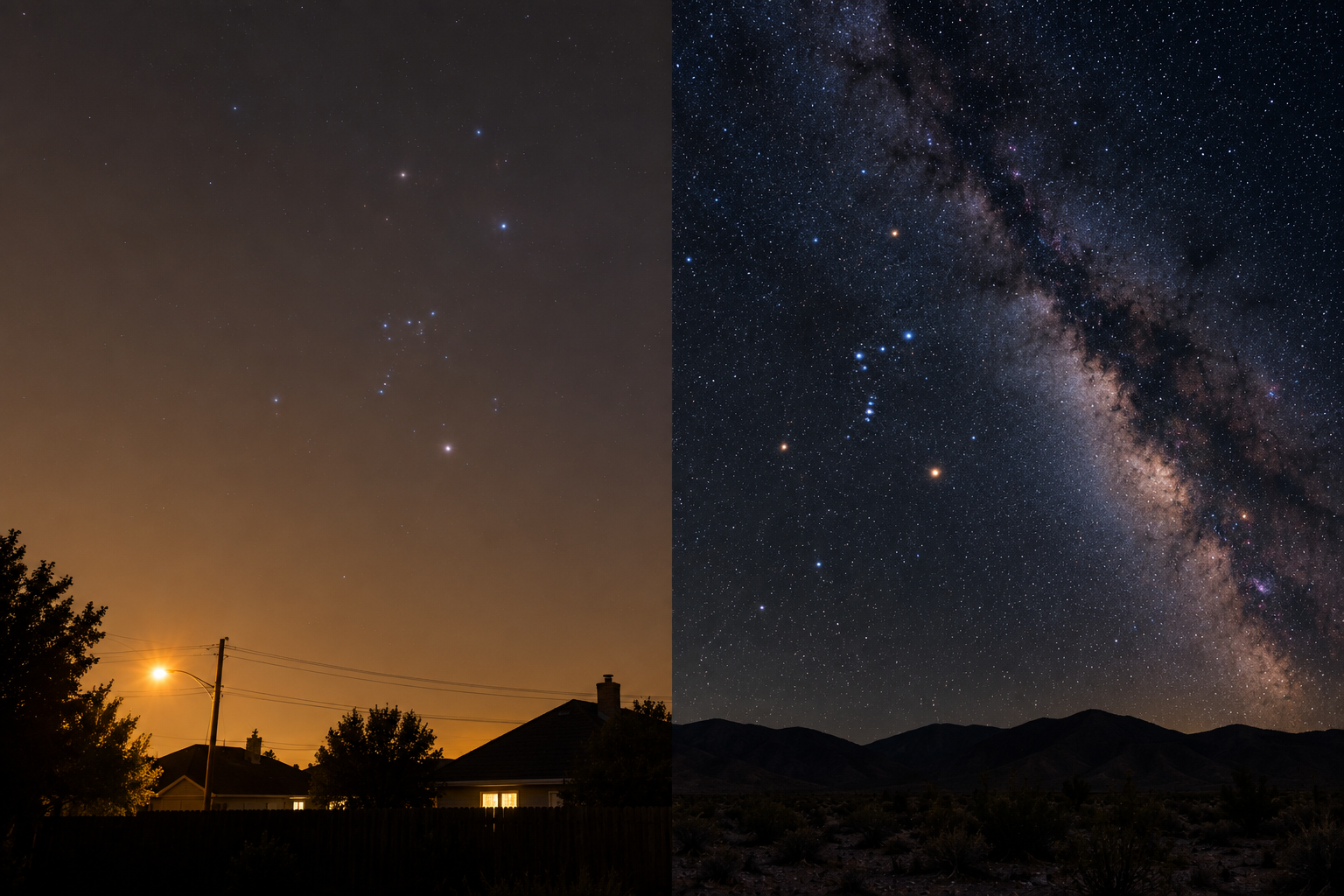 A split view comparing a suburban night sky washed out by orange light pollution with a dark Bortle 1 sky full of stars.