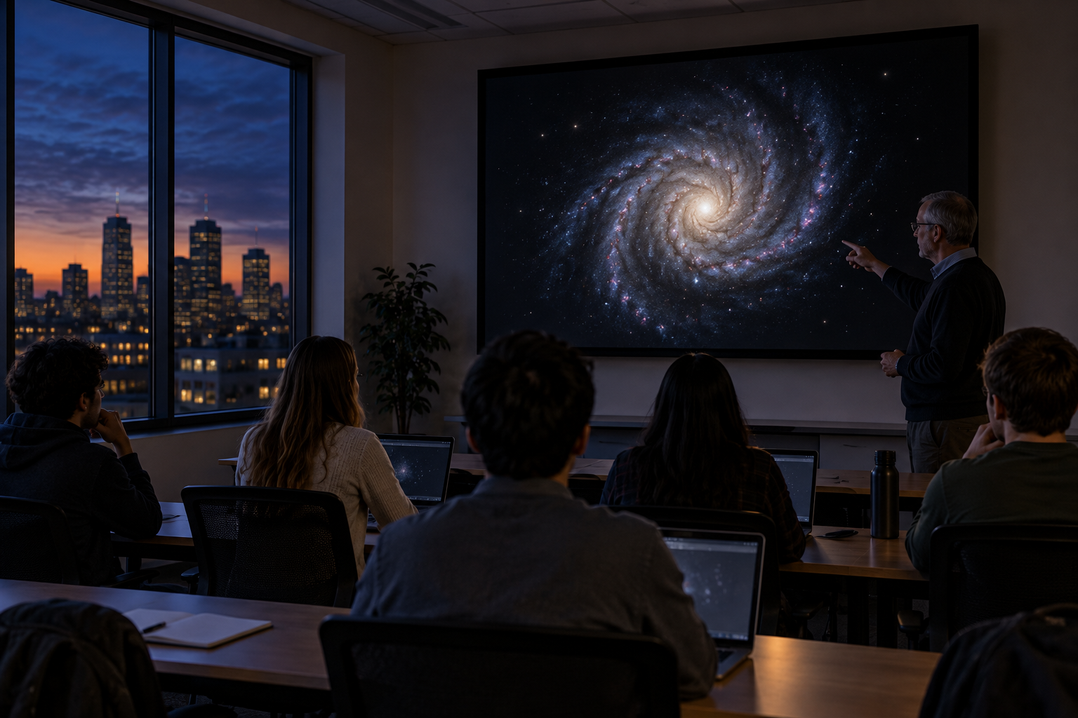 Students in a university classroom watching a monitor showing a galaxy image streamed from a remote observatory.
