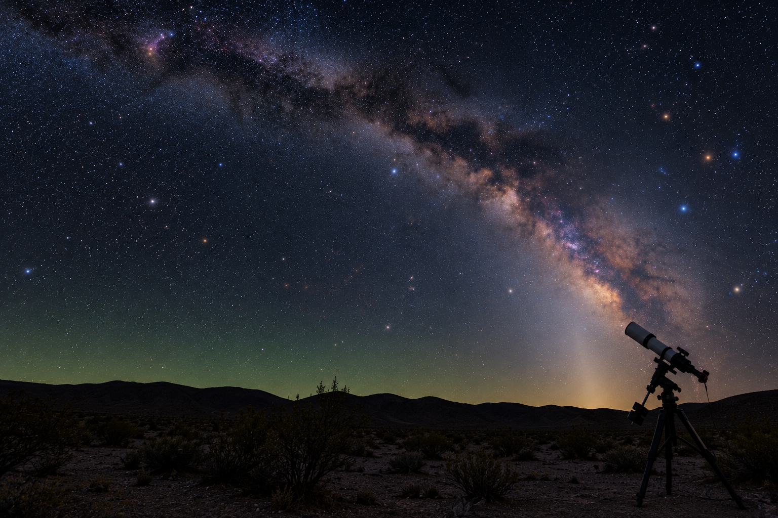 A Bortle 1 sky over a dark desert, with the Milky Way and the zodiacal light above a small refractor on a mount.
