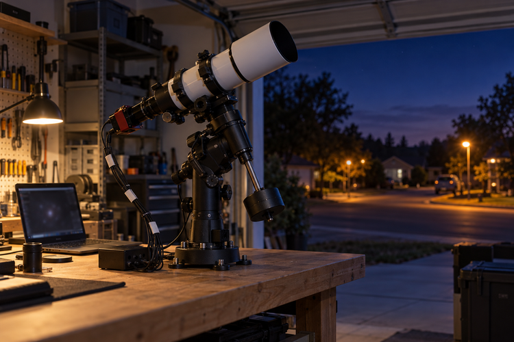 A refractor on a German equatorial mount on a workbench, with labelled cables and a laptop, being prepared for remote telescope hosting.