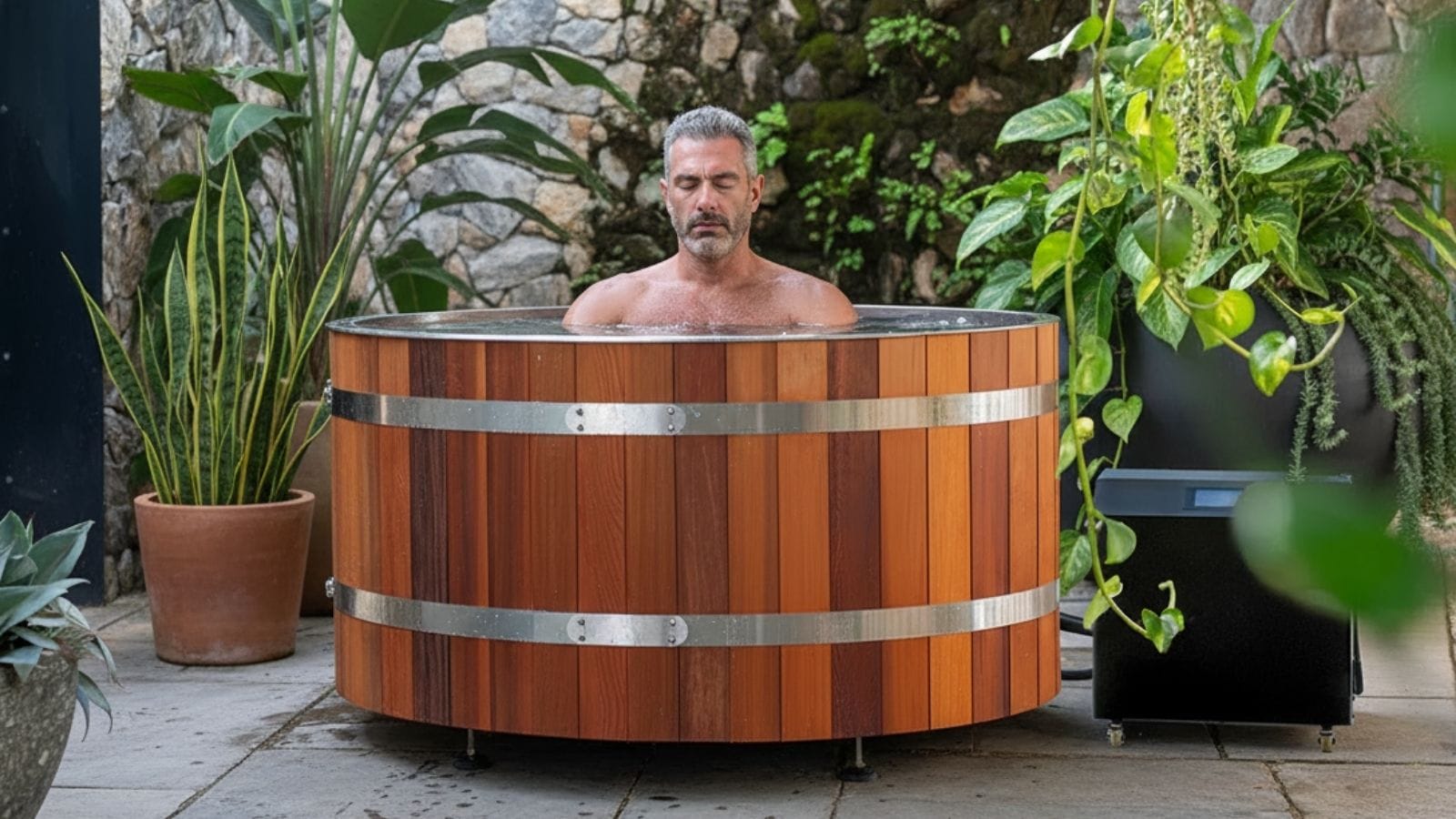 un homme dans un bain froid en forme de tonneau