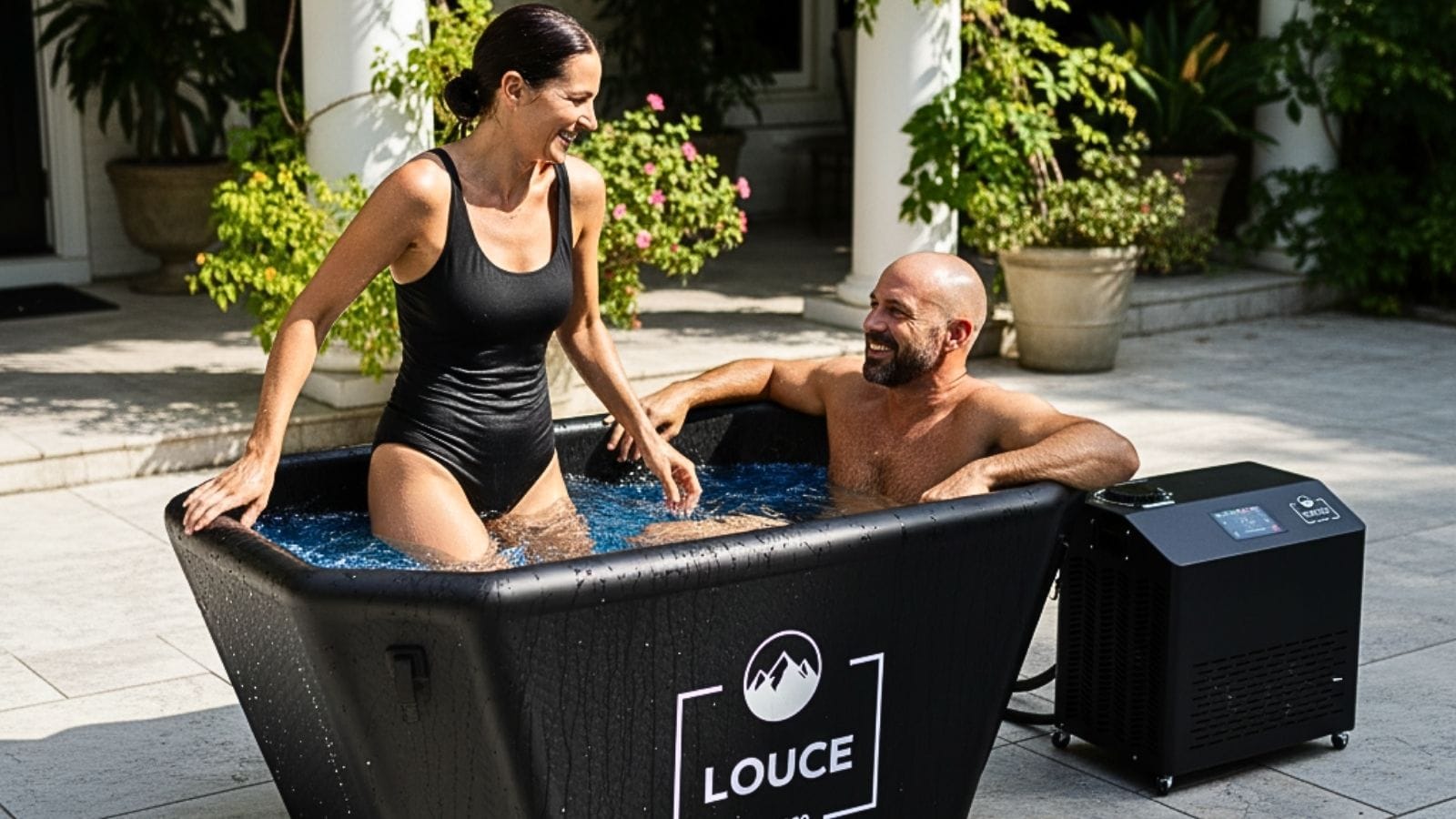 un couple dans un bain froid connecté à un refroidisseur 2HP