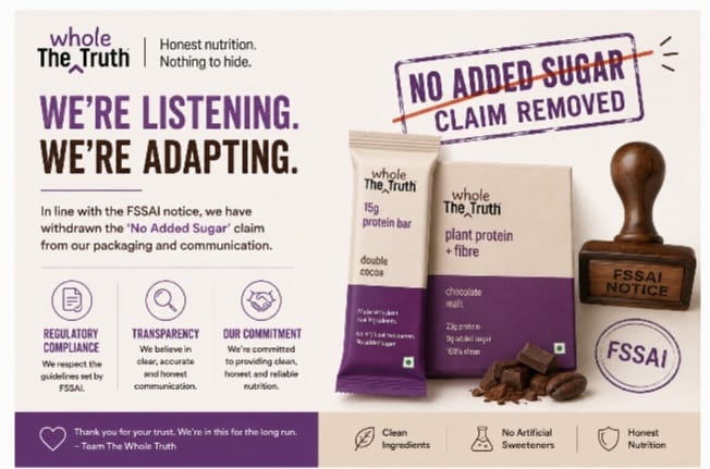 The Whole Truth Removes ‘No Added Sugar’ Messaging Following FSSAI Intervention