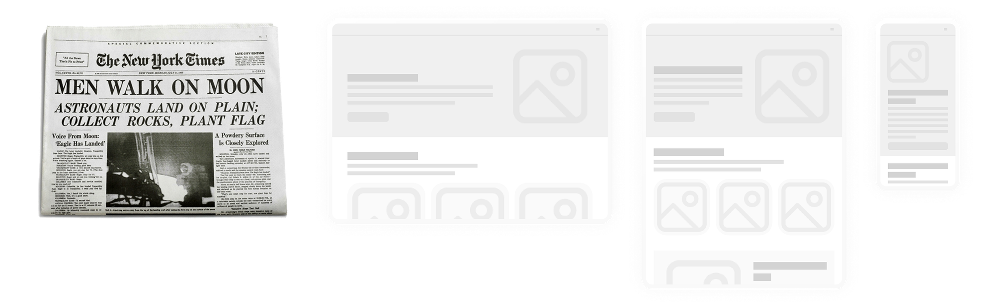 Diagram comparing ‘above the fold’ in print and on the web: a folded newspaper with the visible top section highlighted next to desktop, tablet, and mobile screens showing the portion visible before scrolling.