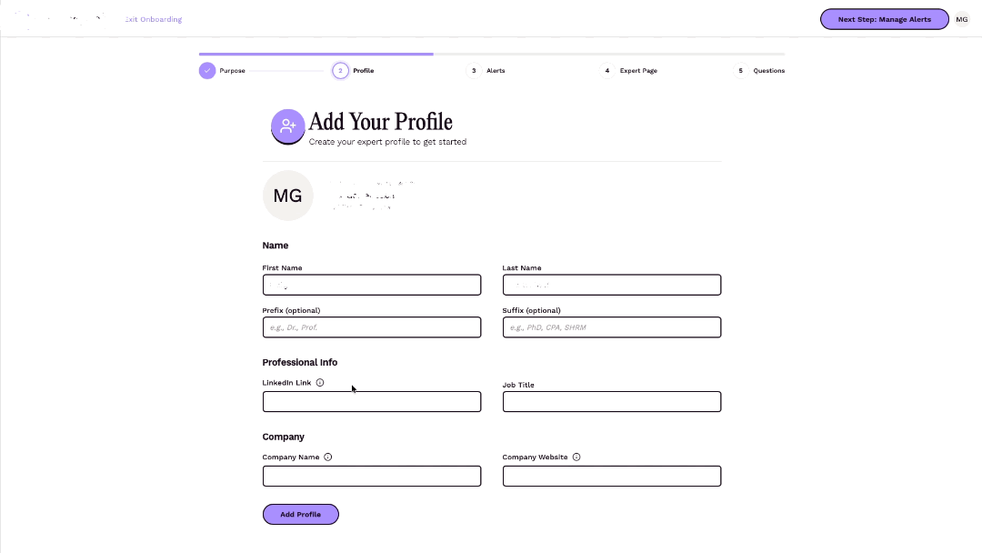 A screenshot of a form on a website with a list of inputs, and a cta to "add profile" at the bottom. Several of the inputs have a small "i" in a circle next to the labels. This is an info icon indicating that there is some kind of additional context available regarding that specific input. When the cursor moves over the "i" a small popup with help text appears.