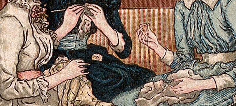 3 womens' hands in a Victorian print - One woman is embroidering, one is crocheting, and one is sewing.