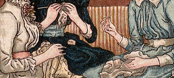3 womens' hands in a Victorian print - One woman is embroidering, one is crocheting, and one is sewing.