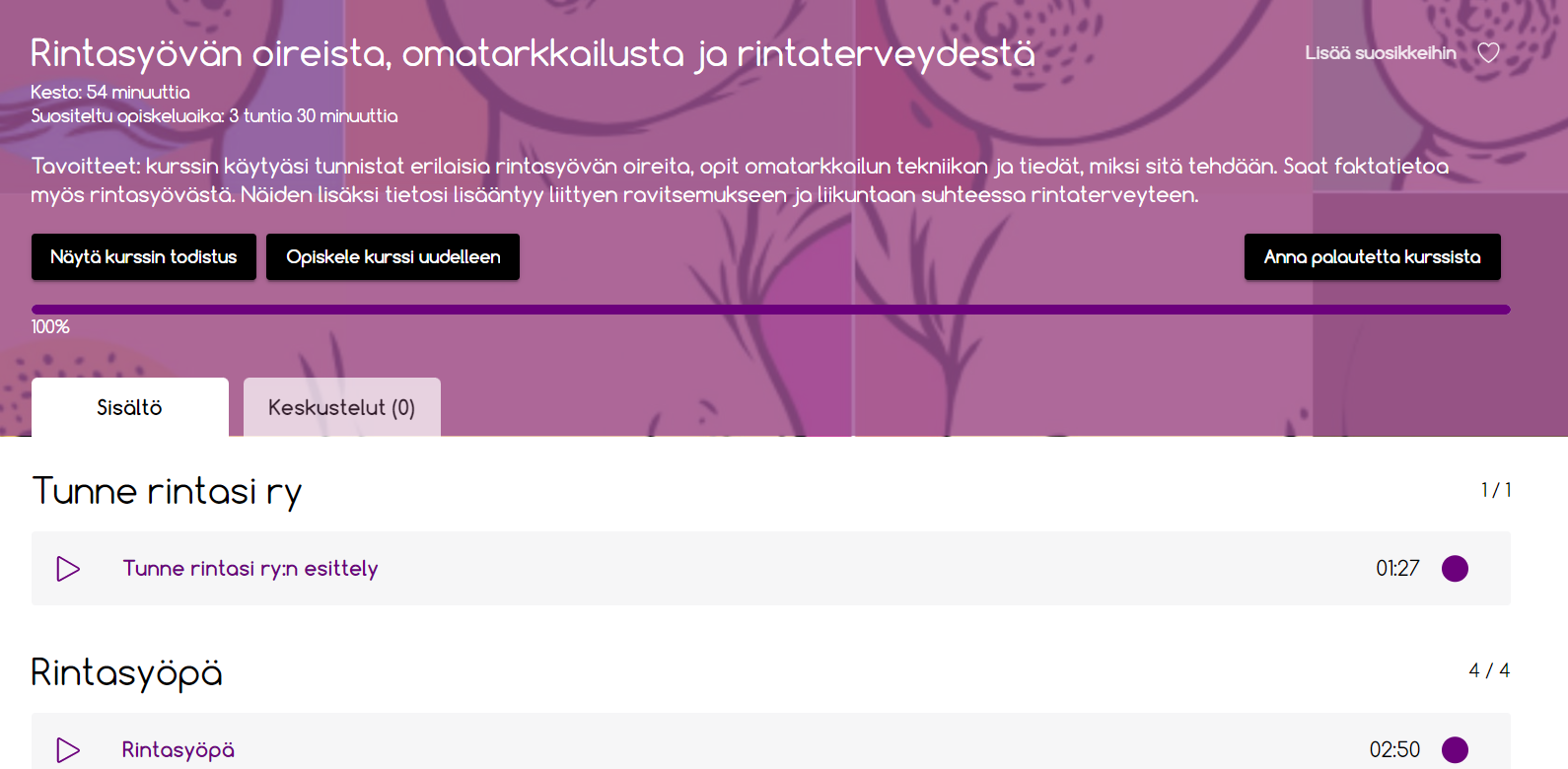 Kuva Rintasyövän oireista, omatarkkailusta ja rintaterveydestä -kurssin etusivusta