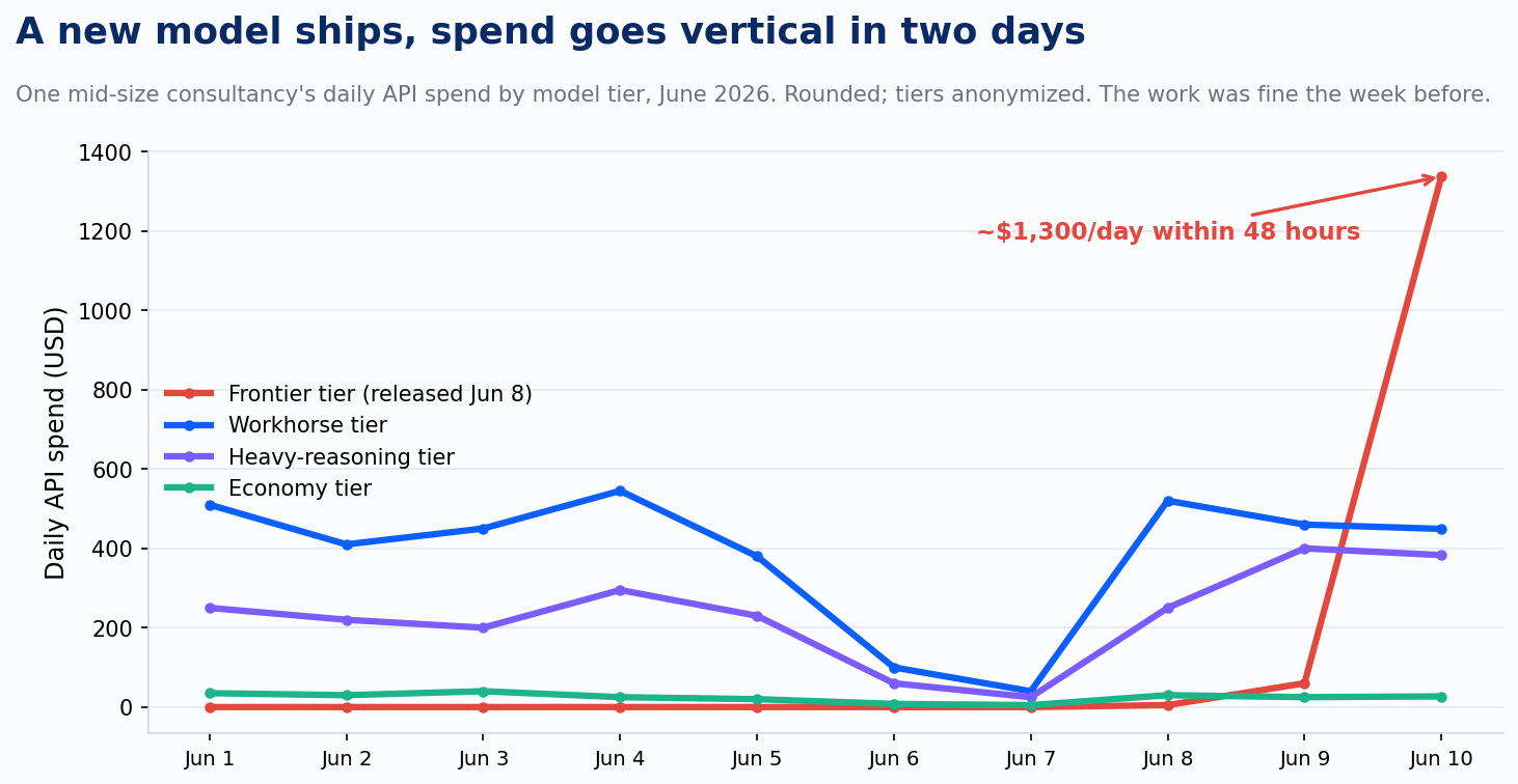 Line chart of daily API spend by model tier showing a new frontier model spiking to roughly $1,300 a day within 48 hours of release