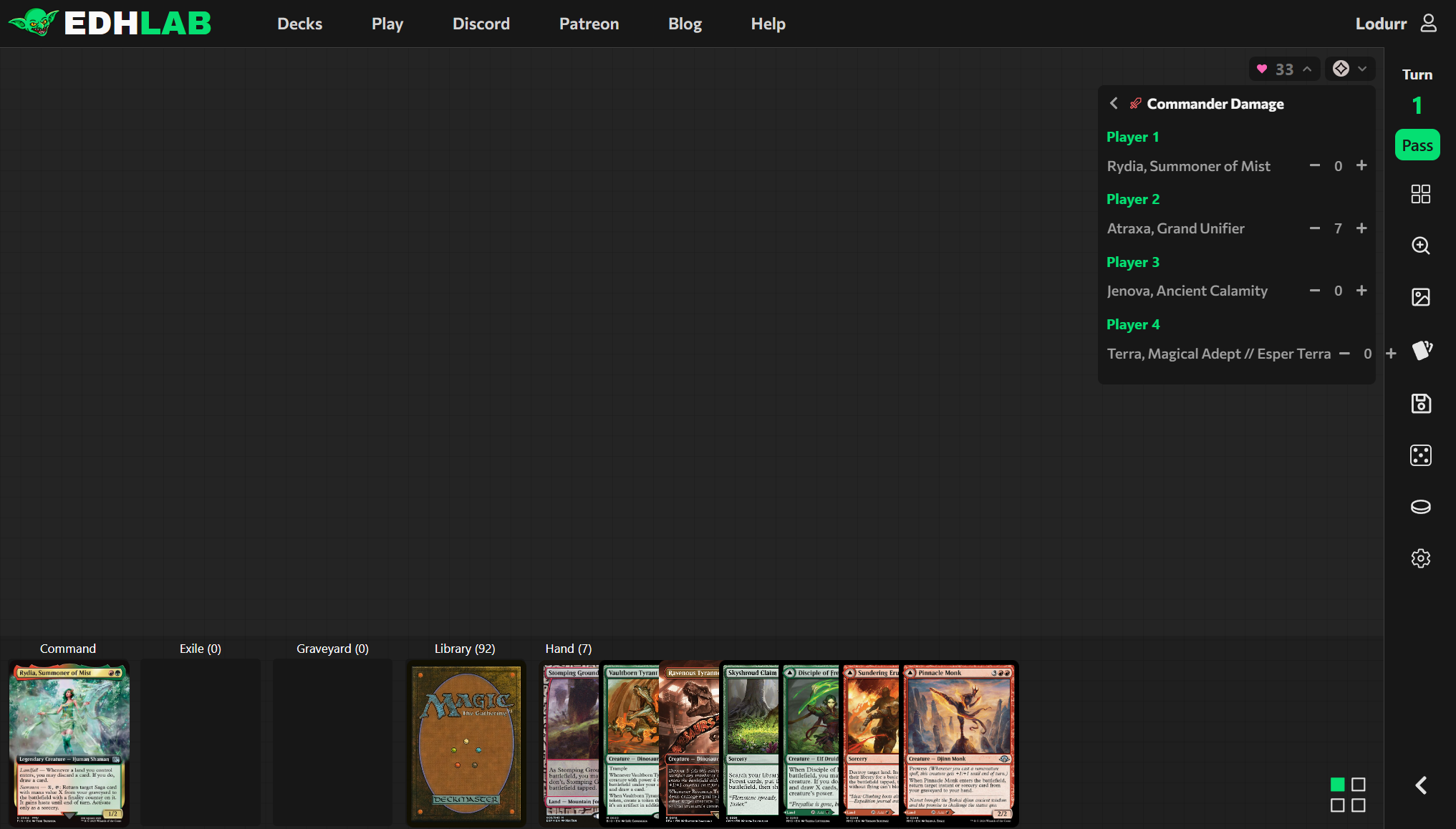 Screenshot of EDHLAB.gg showing the commander damage tracking function of the Life Total pull-down menu.