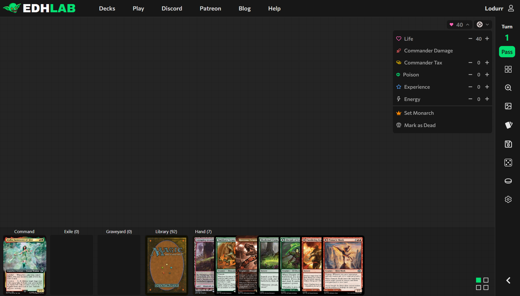 Screenshot of EDHLAB.gg's Life Totals pull-down menu in a playtest game.
