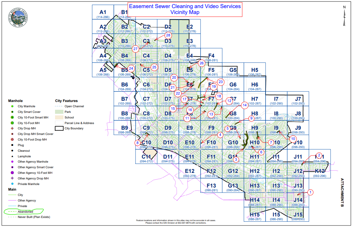 Map of Whittier's sewer system showing easement sewer lines maintained by outside contractor Tunnelworks Services, Inc. Numbered markers indicate specific easement locations scattered across the city.