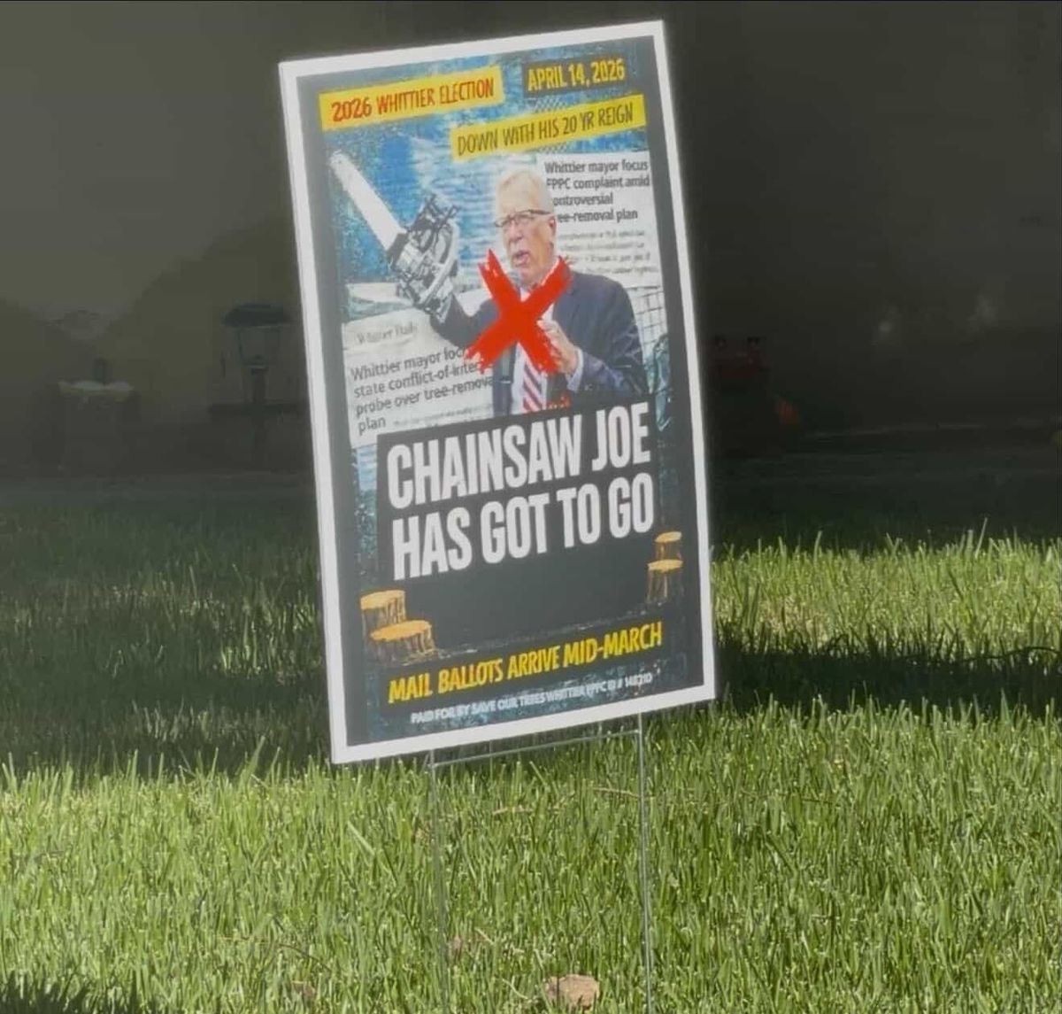 Whittier Election Heats Up As "Chainsaw Joe" Sign Targets Mayor With 20 Years on City Council