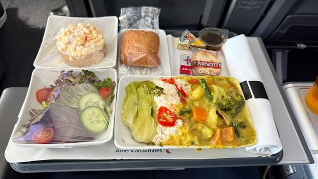 American Airlines premium economy meal tray with vegetable curry and rice, salad, a bread roll and biscuits