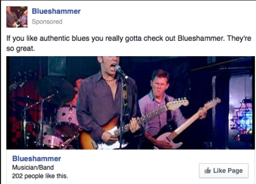 A sponsored Facebook post from the band Blueshammer with the caption, "If you like authentic blues you really gotta check out Blueshammer. They're so great."