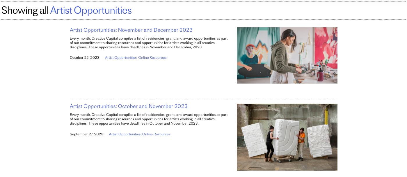 Screenshot from Creative Capital site; additional links