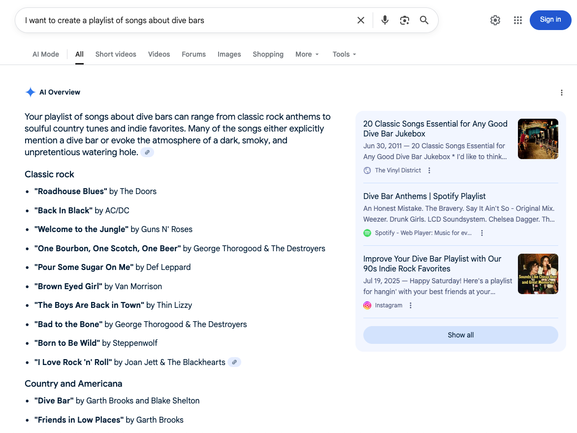 AI overview for "I want to create a playlist of songs about dive bars"
