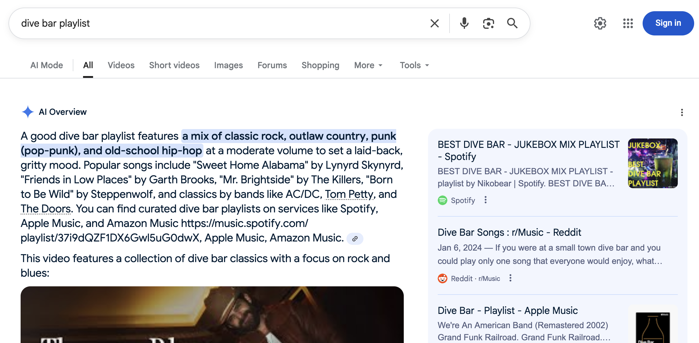 A Google AI Overview for "Dive Bar Playlist"