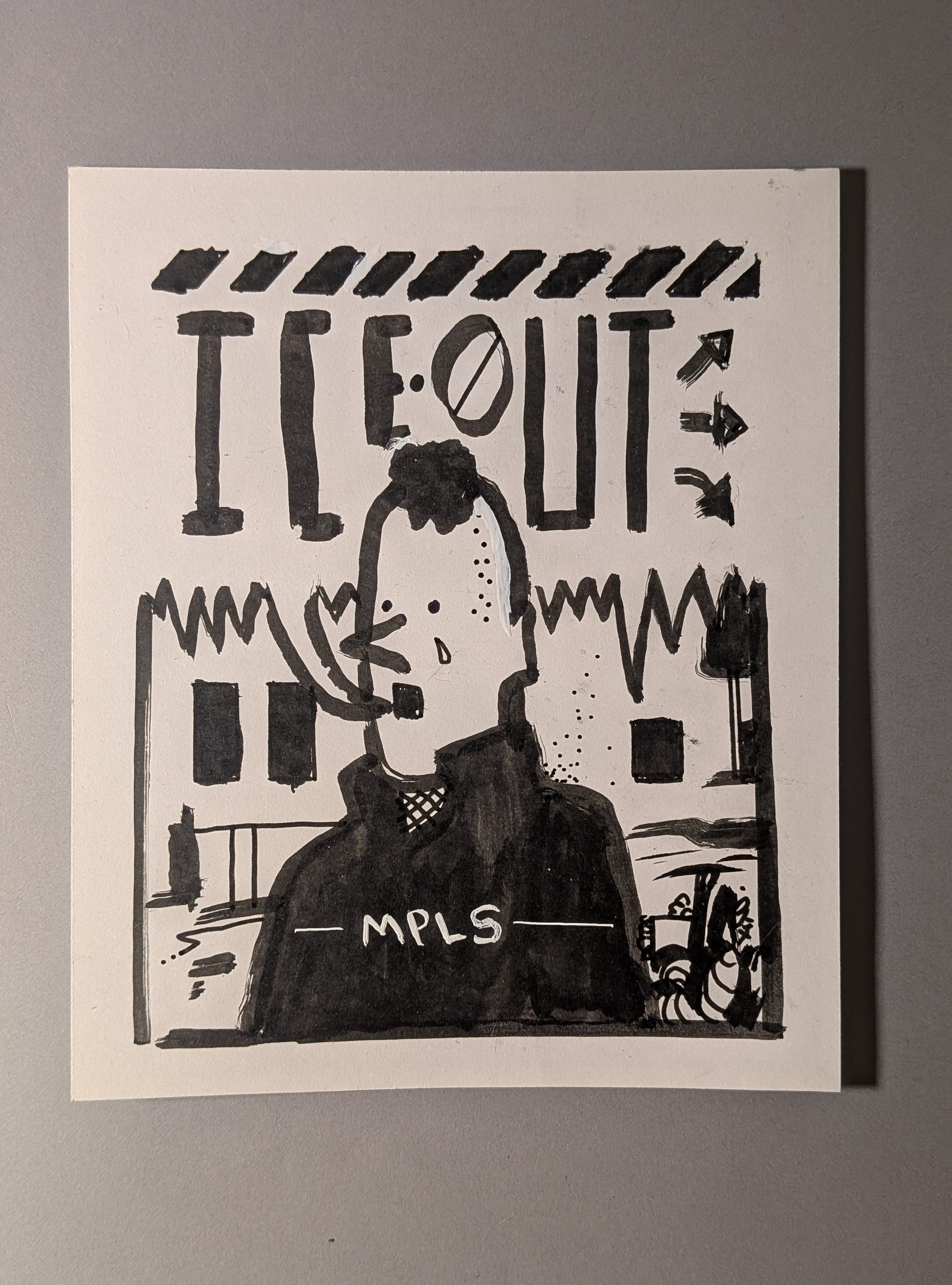 A man in a winter jacket visits a street covered in flowers. He is saying, "ICE OUT" and his jacket reads "MPLS."