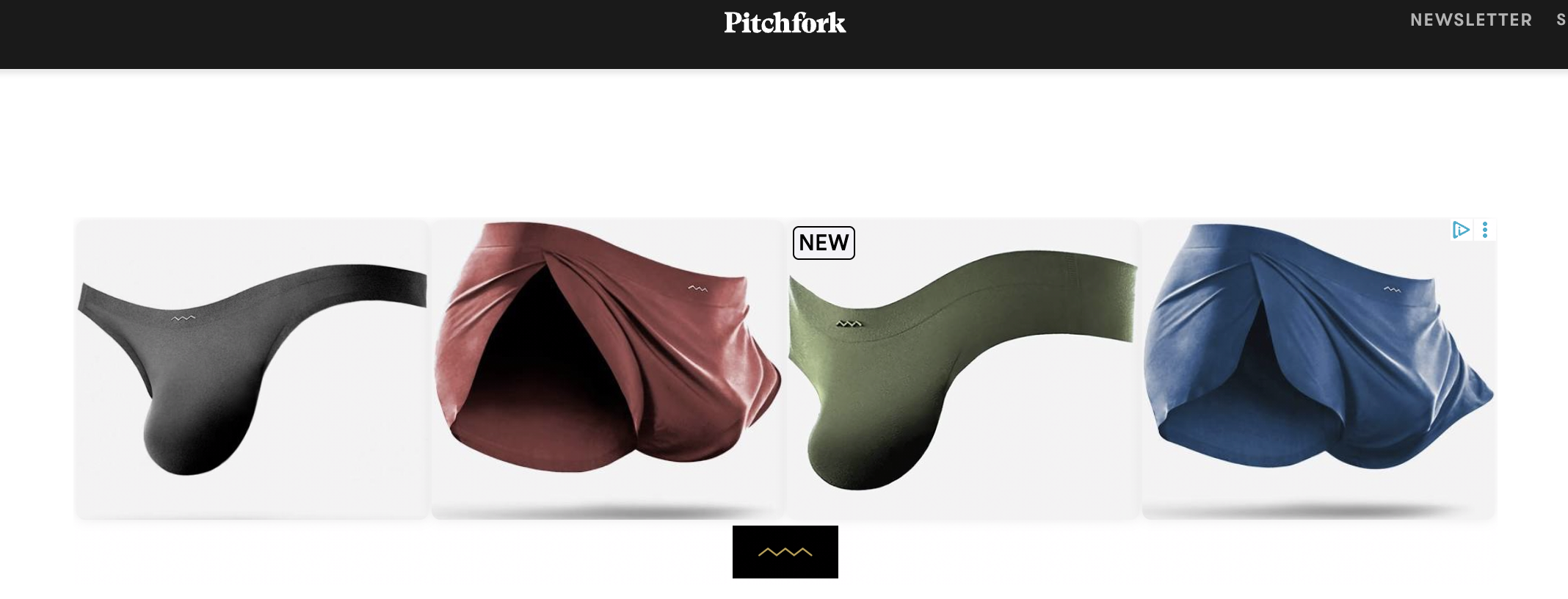 An ad on the website Pitchfork featuring four sets of men's briefs that comically accentuate the male organ.