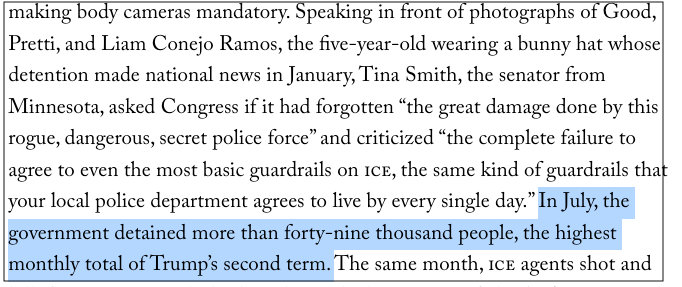 A highlighted sentence reads, "In July, the government detained more than forty-nine thousand people the highest monthly total of Trump's second term."