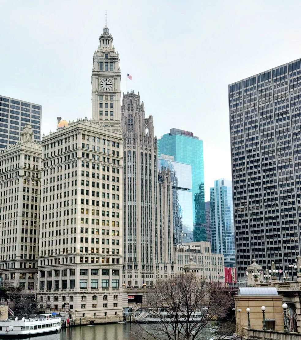 Downtown Chicago, including the Chicago Tribune building.
