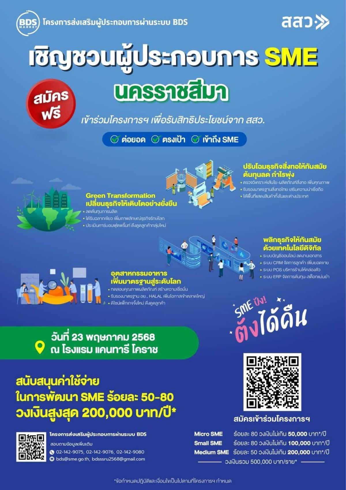 เชิญชวนผู้ประกอบการ SME จังหวัดนครราชสีมา สมัครร่วมโครงการส่งเสริมผู้ประกอบการผ่านระบบ BDS  สมัคร ฟรี ไม่มีค่าใช้จ่าย  ได้รับสิทธิประโยชน์มากมายจาก สสว.  สนับสนุนค่าใช้จ่ายในการพัฒนา SME สูงสุด 200,000 บาท/ปี*