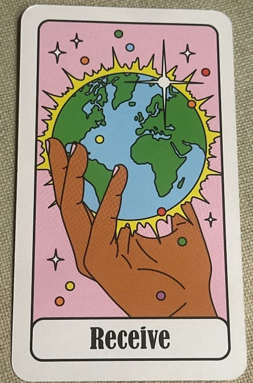 “Receive” card shows a brown hand holding the planet earth surrounded by sparkles and dots, the planet glowing and radiating energy. 