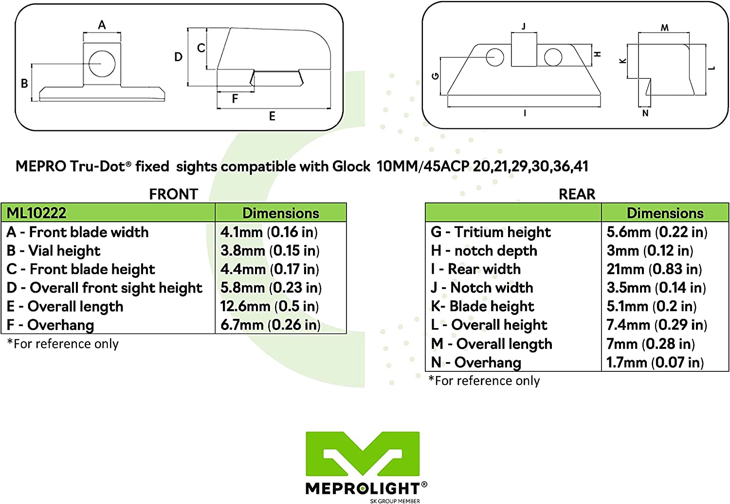 Sight chart for the Glock 20,30