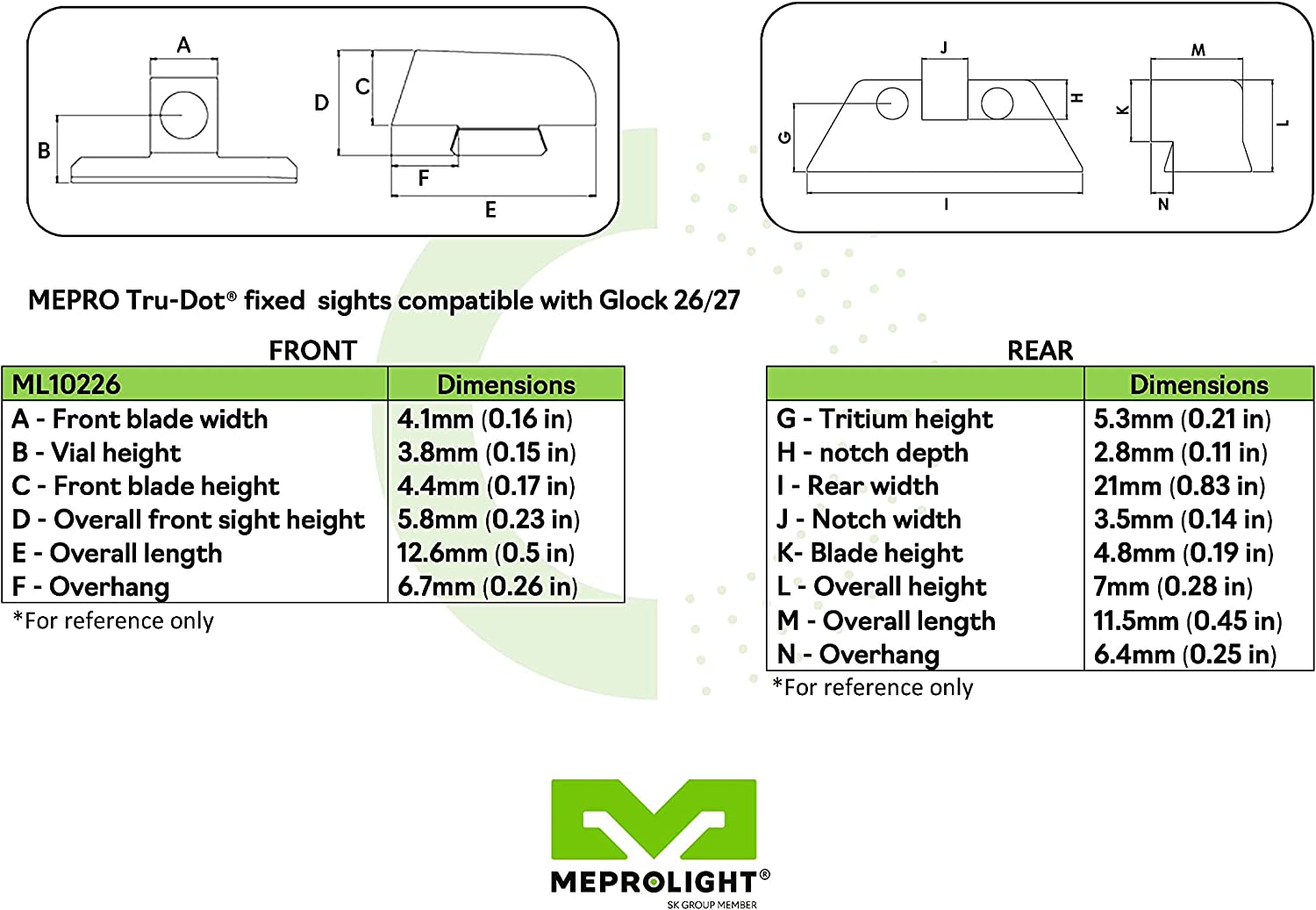 Sight chart for the Glock 26, 27