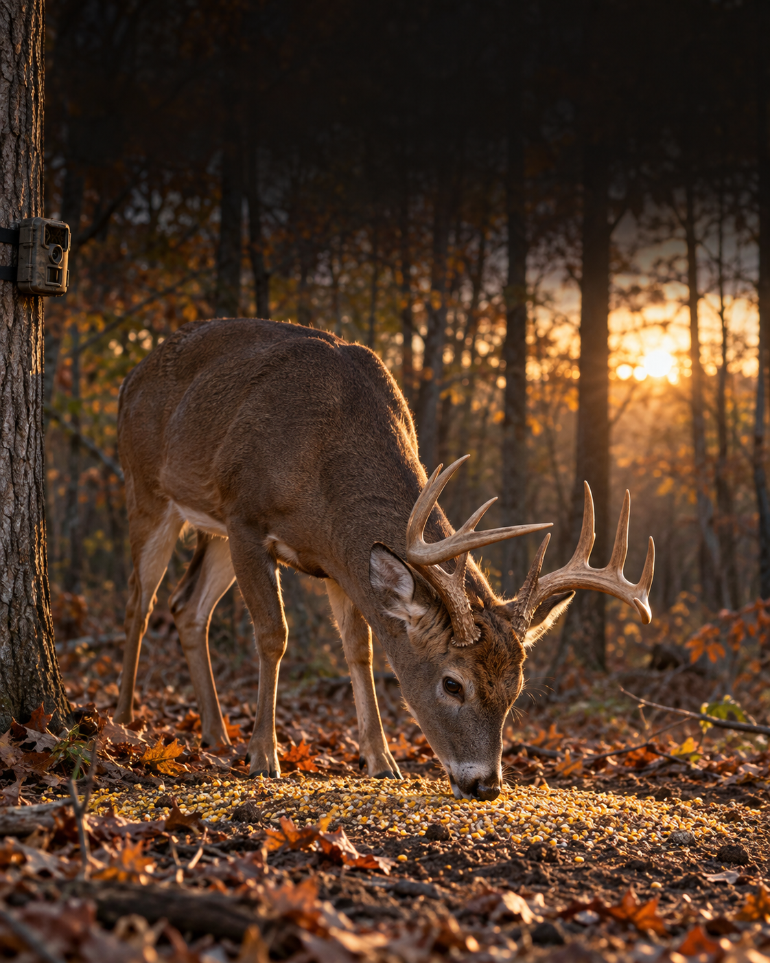 Whitetail buck feeding near a trail camera in an autumn woodland at sunrise.