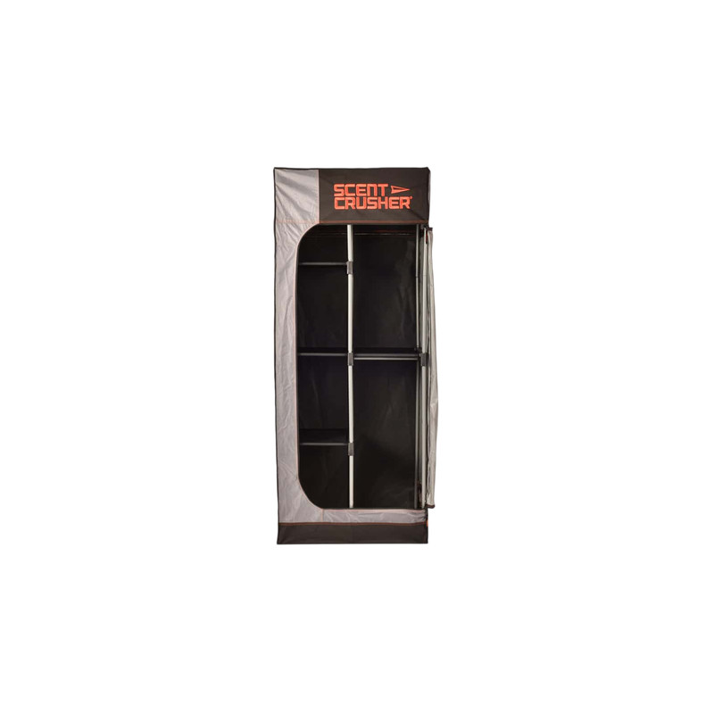 Open Scent Crusher Locker Lite 2.0 showing its hanging rail and internal shelves.