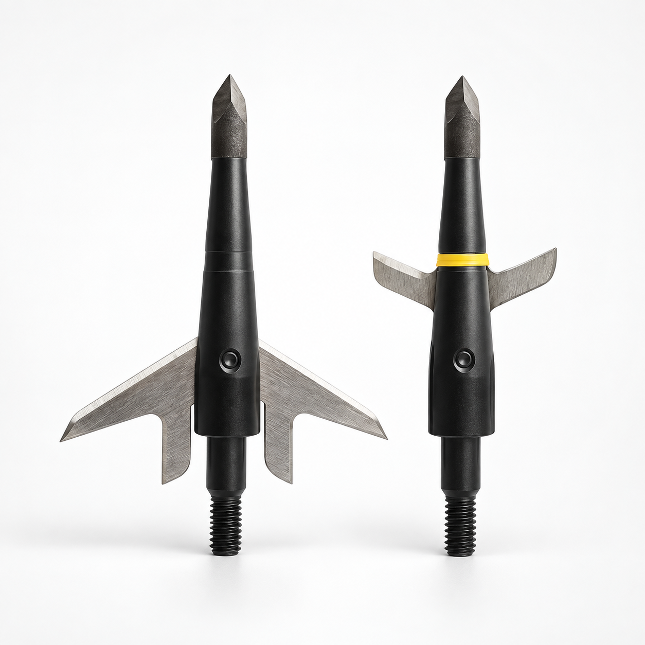 Two Swhacker #201 mechanical broadheads on a light background, one with its main blades open and one closed with a yellow retaining band.