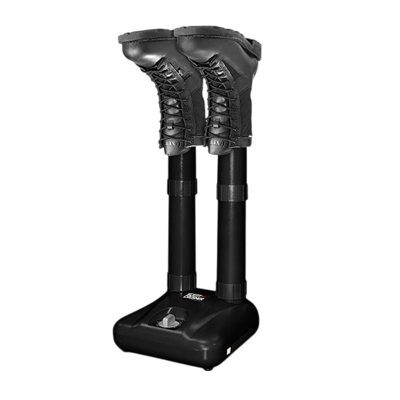 Black Scent Crusher Boot Dryer with two boots mounted on its air pipes.